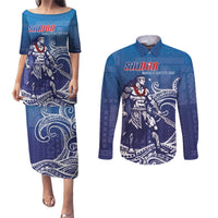 Samoa Manuia le Aso Tuto'atasi Siapo Motif Couples Matching Puletasi and Long Sleeve Button Shirt Warrior with Nifo Oti LT7 Blue - Polynesian Pride