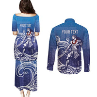 Samoa Manuia le Aso Tuto'atasi Siapo Motif Couples Matching Puletasi and Long Sleeve Button Shirt Warrior with Nifo Oti LT7 - Polynesian Pride