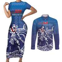 Samoa Manuia le Aso Tuto'atasi Siapo Motif Couples Matching Short Sleeve Bodycon Dress and Long Sleeve Button Shirt Warrior with Nifo Oti LT7 Blue - Polynesian Pride