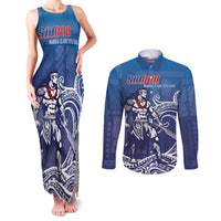 Samoa Manuia le Aso Tuto'atasi Siapo Motif Couples Matching Tank Maxi Dress and Long Sleeve Button Shirt Warrior with Nifo Oti LT7 Blue - Polynesian Pride