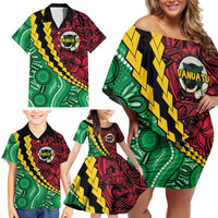 Vanuatu Personalized Tribal Family Matching Off Shoulder Short Dress and Hawaiian Shirt Aboriginal Inspired Mix Style - Polynesian Pride