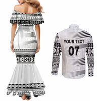 Personalised Fiji Rugby Couples Matching Mermaid Dress and Long Sleeve Button Shirts Kaiviti WC 2023 Jersey Replica - White LT7 - Polynesian Pride