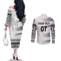 Personalised Fiji Rugby Couples Matching Off The Shoulder Long Sleeve Dress and Long Sleeve Button Shirts Kaiviti WC 2023 Jersey Replica - White LT7 - Polynesian Pride