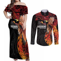 Papua New Guinea Personalised Couples Matching Off Shoulder Maxi Dress and Long Sleeve Button Shirt Grunge Style 49th Independence Anni