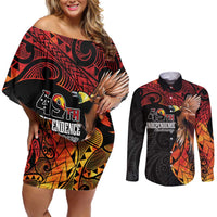 Papua New Guinea Personalised Couples Matching Off Shoulder Short Dress and Long Sleeve Button Shirt Grunge Style 49th Independence Anni
