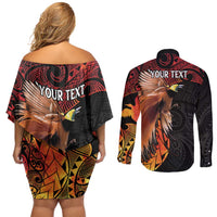Papua New Guinea Personalised Couples Matching Off Shoulder Short Dress and Long Sleeve Button Shirt Grunge Style 49th Independence Anni