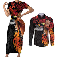 Papua New Guinea Personalised Couples Matching Short Sleeve Bodycon Dress and Long Sleeve Button Shirt Grunge Style 49th Independence Anni
