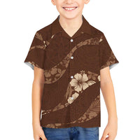 Aloha Hawaii Floral Tapa Family Matching Off Shoulder Short Dress and Hawaiian Shirt Patchwork Mocha - Polynesian Pride