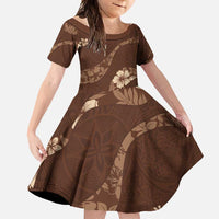 Aloha Hawaii Floral Tapa Family Matching Short Sleeve Bodycon Dress and Hawaiian Shirt Patchwork Mocha LT7 Daughter's Dress Mocha - Polynesian Pride