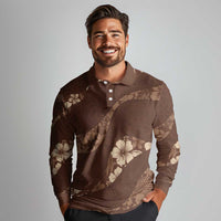 Aloha Hawaii Floral Tapa Long Sleeve Polo Shirt Patchwork Mocha LT7 - Polynesian Pride