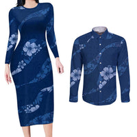 Aloha Hawaii Floral Tapa Couples Matching Long Sleeve Bodycon Dress and Long Sleeve Button Shirt Patchwork Navy - Polynesian Pride