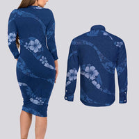 Aloha Hawaii Floral Tapa Couples Matching Long Sleeve Bodycon Dress and Long Sleeve Button Shirt Patchwork Navy - Polynesian Pride