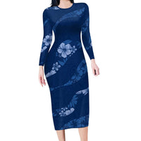 Aloha Hawaii Floral Tapa Family Matching Long Sleeve Bodycon Dress and Hawaiian Shirt Patchwork Navy LT7 Mom's Dress Navy - Polynesian Pride