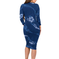 Aloha Hawaii Floral Tapa Family Matching Long Sleeve Bodycon Dress and Hawaiian Shirt Patchwork Navy LT7 - Polynesian Pride