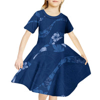 Aloha Hawaii Floral Tapa Kid Short Sleeve Dress Patchwork Navy LT7 - Polynesian Pride