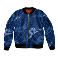 Aloha Hawaii Floral Tapa Sleeve Zip Bomber Jacket Patchwork Navy - Polynesian Pride