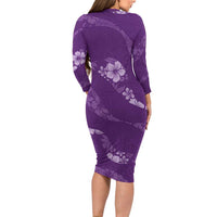 Aloha Hawaii Floral Tapa Long Sleeve Bodycon Dress Patchwork Violet - Polynesian Pride