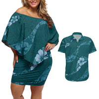 Aloha Hawaii Floral Tapa Couples Matching Off Shoulder Short Dress and Hawaiian Shirt Patchwork Teal - Polynesian Pride