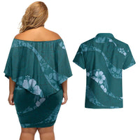 Aloha Hawaii Floral Tapa Couples Matching Off Shoulder Short Dress and Hawaiian Shirt Patchwork Teal - Polynesian Pride