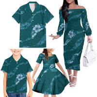 Aloha Hawaii Floral Tapa Family Matching Off The Shoulder Long Sleeve Dress and Hawaiian Shirt Patchwork Teal - Polynesian Pride