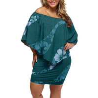 Aloha Hawaii Floral Tapa Family Matching Off Shoulder Short Dress and Hawaiian Shirt Patchwork Teal - Polynesian Pride