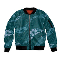 Aloha Hawaii Floral Tapa Sleeve Zip Bomber Jacket Patchwork Teal - Polynesian Pride