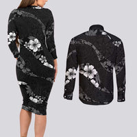 Aloha Hawaii Floral Tapa Couples Matching Long Sleeve Bodycon Dress and Long Sleeve Button Shirt Patchwork Charcoal - Polynesian Pride
