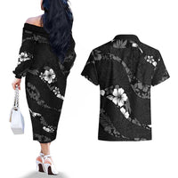Aloha Hawaii Floral Tapa Couples Matching Off The Shoulder Long Sleeve Dress and Hawaiian Shirt Patchwork Charcoal - Polynesian Pride