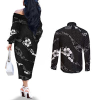 Aloha Hawaii Floral Tapa Couples Matching Off The Shoulder Long Sleeve Dress and Long Sleeve Button Shirt Patchwork Charcoal - Polynesian Pride