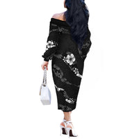 Aloha Hawaii Floral Tapa Off The Shoulder Long Sleeve Dress Patchwork Charcoal - Polynesian Pride