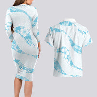 Aloha Hawaii Floral Tapa Couples Matching Long Sleeve Bodycon Dress and Hawaiian Shirt Patchwork Turquoise - Polynesian Pride
