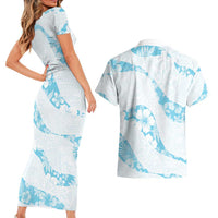 Aloha Hawaii Floral Tapa Couples Matching Short Sleeve Bodycon Dress and Hawaiian Shirt Patchwork Turquoise - Polynesian Pride