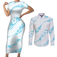Aloha Hawaii Floral Tapa Couples Matching Short Sleeve Bodycon Dress and Long Sleeve Button Shirt Patchwork Turquoise LT7 Turquoise - Polynesian Pride