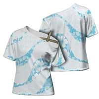 Aloha Hawaii Floral Tapa Cross Shoulder Shirt Patchwork Turquoise - Polynesian Pride