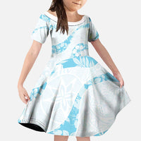 Aloha Hawaii Floral Tapa Family Matching Long Sleeve Bodycon Dress and Hawaiian Shirt Patchwork Turquoise LT7 Daughter's Dress Turquoise - Polynesian Pride