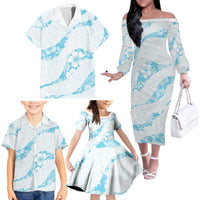 Aloha Hawaii Floral Tapa Family Matching Off The Shoulder Long Sleeve Dress and Hawaiian Shirt Patchwork Turquoise - Polynesian Pride