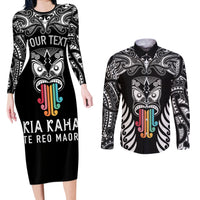 Personalised Kia Kaha Te Reo Maori Couples Matching Long Sleeve Bodycon Dress and Long Sleeve Button Shirts Hei Tiki Mix Koru - Black LT7 Black - Polynesian Pride