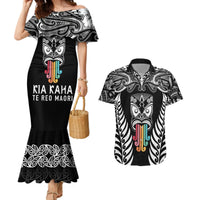 Personalised Kia Kaha Te Reo Maori Couples Matching Mermaid Dress and Hawaiian Shirt Hei Tiki Mix Koru - Black LT7 Black - Polynesian Pride