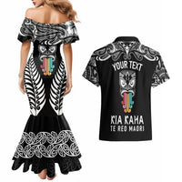 Personalised Kia Kaha Te Reo Maori Couples Matching Mermaid Dress and Hawaiian Shirt Hei Tiki Mix Koru - Black LT7 - Polynesian Pride