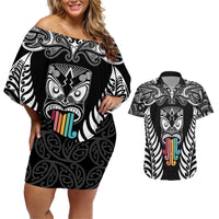 personalised-kia-kaha-te-reo-maori-couples-matching-off-shoulder-short-dress-and-hawaiian-shirt-hei-tiki-mix-koru-black