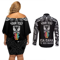 Personalised Kia Kaha Te Reo Maori Couples Matching Off Shoulder Short Dress and Long Sleeve Button Shirts Hei Tiki Mix Koru - Black LT7 - Polynesian Pride