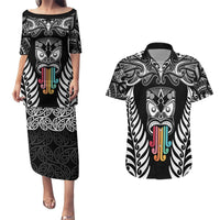 Personalised Kia Kaha Te Reo Maori Couples Matching Puletasi Dress and Hawaiian Shirt Hei Tiki Mix Koru - Black LT7 Black - Polynesian Pride
