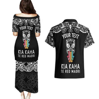 Personalised Kia Kaha Te Reo Maori Couples Matching Puletasi Dress and Hawaiian Shirt Hei Tiki Mix Koru - Black LT7 - Polynesian Pride