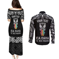 Personalised Kia Kaha Te Reo Maori Couples Matching Puletasi Dress and Long Sleeve Button Shirts Hei Tiki Mix Koru - Black LT7 - Polynesian Pride
