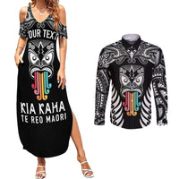 Personalised Kia Kaha Te Reo Maori Couples Matching Summer Maxi Dress and Long Sleeve Button Shirts Hei Tiki Mix Koru - Black LT7 Black - Polynesian Pride