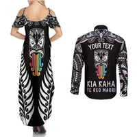 Personalised Kia Kaha Te Reo Maori Couples Matching Summer Maxi Dress and Long Sleeve Button Shirts Hei Tiki Mix Koru - Black LT7 - Polynesian Pride