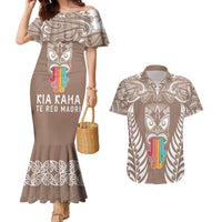 Personalised Kia Kaha Te Reo Maori Couples Matching Mermaid Dress and Hawaiian Shirt Hei Tiki Mix Koru - Brown LT7 Brown - Polynesian Pride