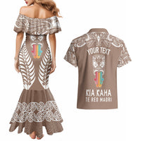 Personalised Kia Kaha Te Reo Maori Couples Matching Mermaid Dress and Hawaiian Shirt Hei Tiki Mix Koru - Brown LT7 - Polynesian Pride