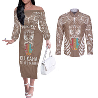 Personalised Kia Kaha Te Reo Maori Couples Matching Off The Shoulder Long Sleeve Dress and Long Sleeve Button Shirts Hei Tiki Mix Koru - Brown LT7 Brown - Polynesian Pride