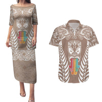 Personalised Kia Kaha Te Reo Maori Couples Matching Puletasi Dress and Hawaiian Shirt Hei Tiki Mix Koru - Brown LT7 Brown - Polynesian Pride